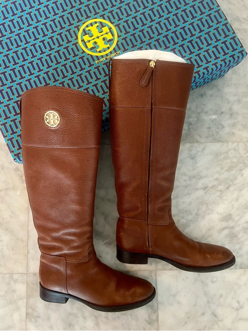 Tory Burch Chestnut Brown Leather Knee Junction Boots with Gold Logo Medallion - Picture 3 of 12